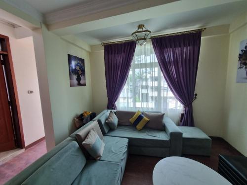 a living room with a couch and a window at Getu furnished apartments at CMC in Addis Ababa