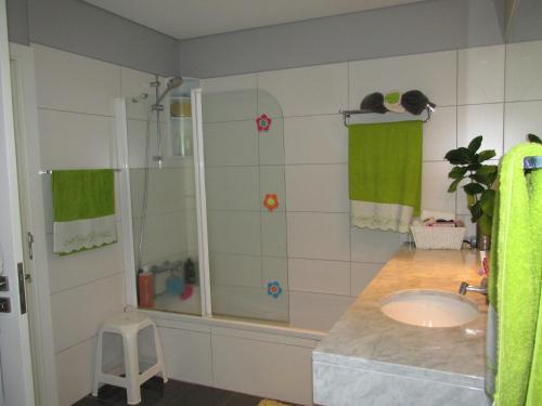 a bathroom with a sink and a shower at Vivenda Madalena in Machico