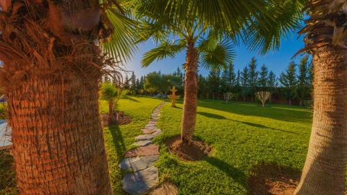 un sentiero in pietra tra due palme in un parco di Villa Coup De Cœur a Marrakech