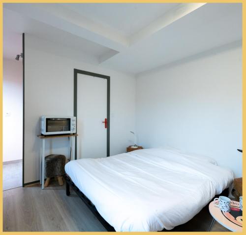 um quarto com uma cama branca e uma televisão em Le Studio de la Plage - 1er - Proche Évian em Publier