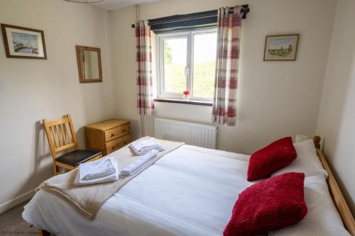 a bedroom with a bed with red pillows and a window at Winsford Cottage Wheddon Cross in Minehead