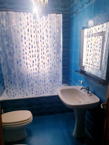 uma casa de banho azul com um WC e um lavatório em Appartamento Italia, Centro Città em Gallipoli