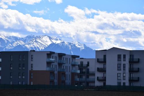 a building with snow capped mountains in the background at Alessia Apartment in Cristian