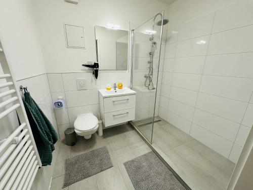 a white bathroom with a toilet and a shower at URBAN FLATS Berlin in Berlin