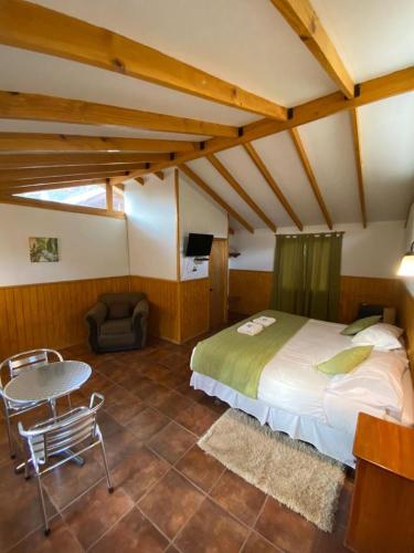 a bedroom with a bed and a table and a chair at Cabañas Parque Almendro in San José de Maipo