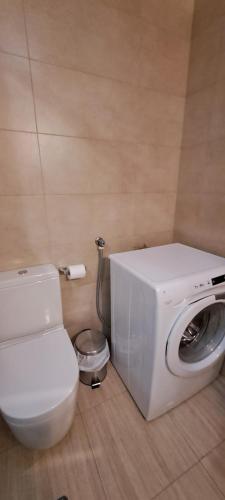 a bathroom with a washing machine next to a toilet at APART HOTEL in Alicante