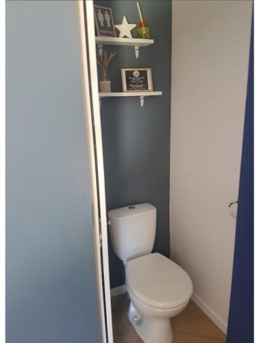 La salle de bains est pourvue de toilettes blanches et d'étagères. dans l'établissement La petite forêt, à Mons-Boubert