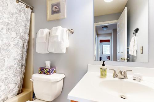 a bathroom with a toilet and a sink and a mirror at 6B The Seasons in Bartlett