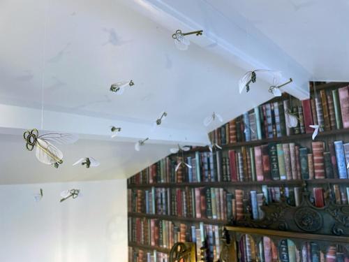 a room with a bunch of books on a wall at Impasse des Mystères - La maison des Sorciers Léhon/Dinan in Dinan