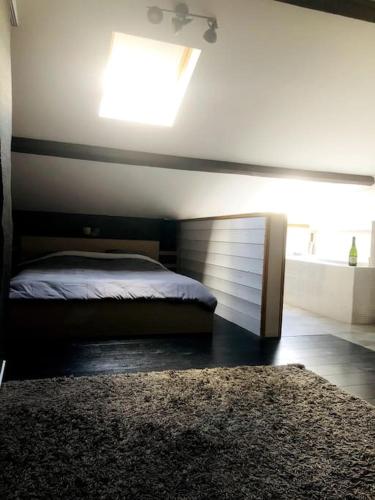 Schlafzimmer mit einem Bett, einem Fenster und einem Teppich in der Unterkunft Ambiance Authentique coté gare in Ambérieu-en-Bugey