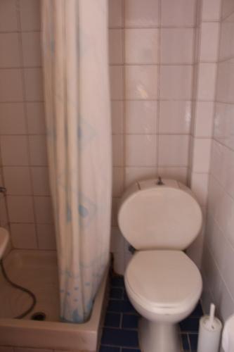 a bathroom with a toilet and a shower curtain at Sotos pension in Skopelos Town