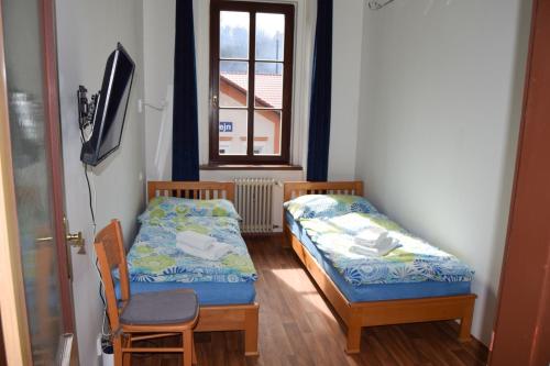 a room with two beds and a chair and a window at Penzion Betty in Okounov