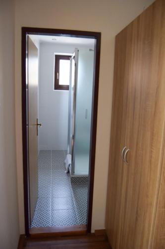 a bathroom with a shower with a glass door at Penzion Betty in Okounov