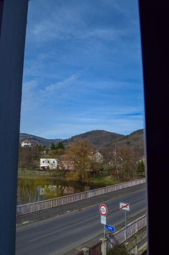 a view from a bus window of a highway at Penzion Betty in Okounov