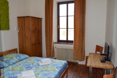 a bedroom with a bed and a desk and a window at Penzion Betty in Okounov