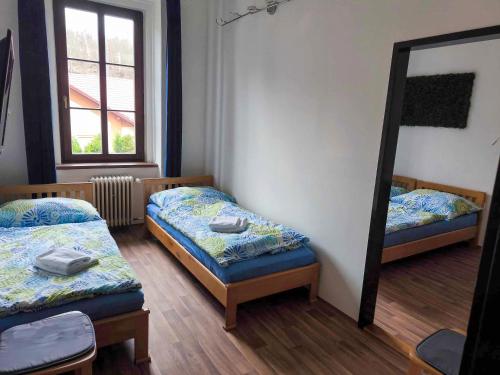 a room with two beds and a mirror at Penzion Betty in Okounov
