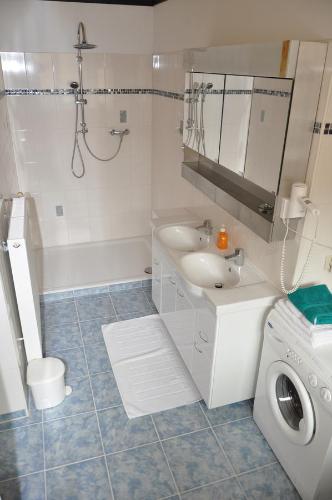 ein Badezimmer mit einem Waschbecken und einer Waschmaschine in der Unterkunft Haus Weisses Lamm in Weitensfeld
