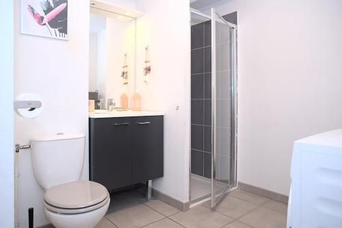 une salle de bain avec toilettes, lavabo et douche dans l'établissement Cosy Duplex - Ma Cabotte, à Toulouse
