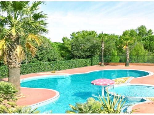 - une piscine avec un palmier et un parasol dans l'établissement Chalet climatisé 6 pers., piscine chauffée, parking, terrasse teck, calme près plages et commerces - FR-1-607-59, à Agde