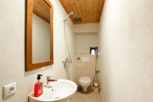 La salle de bains est pourvue d'un lavabo et de toilettes. dans l'établissement GuestHouse 1805, à Gjirokastër