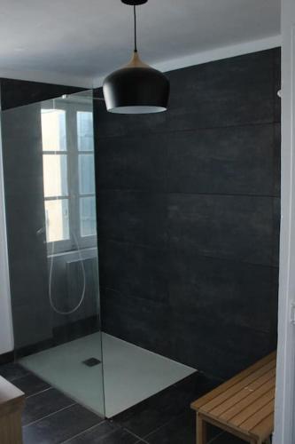 La salle de bains est pourvue d'une douche et d'une paroi en verre. dans l'établissement Mas du 19eme dans le luberon, à Robion