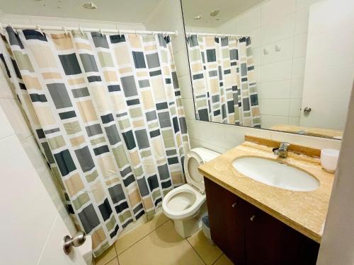 a bathroom with a toilet and a sink and a shower at VISTA LA CIUDAD Y MAR PISO ALTO 1D in Antofagasta