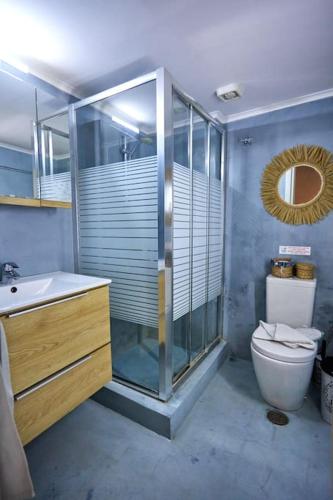a bathroom with a shower and a toilet and a sink at The Wine House in Chios