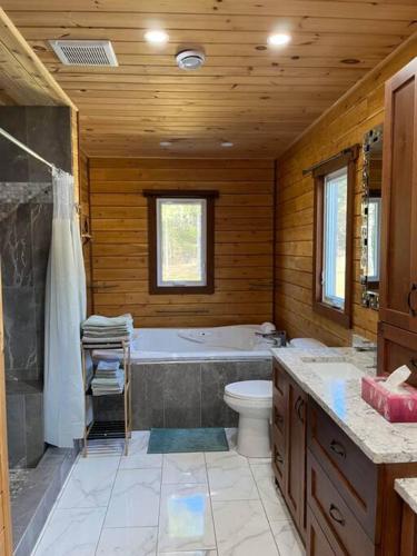 a bathroom with a tub and a toilet and a sink at Geese Villa Log House in Harrington