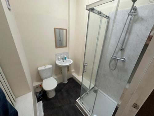 a bathroom with a shower and a toilet and a sink at Macclesfield Lodge in Macclesfield