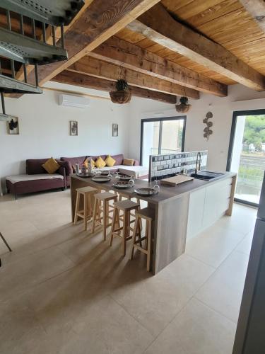 une cuisine et un salon avec une table et des chaises dans l'établissement BEAU T3 AU COEUR DU CENTRE VILLE (205), à Narbonne