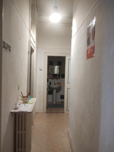 uma casa de banho com um lavatório e um balcão num quarto em Cozy Roomy em Montpellier