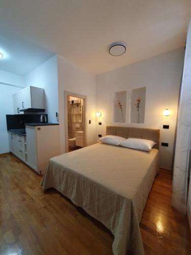 リエカにあるPleasant home apartmentsの大きなベッドとキッチンのある寝室