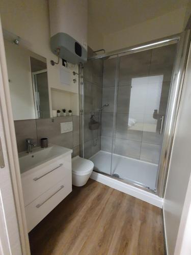 リエカにあるPleasant home apartmentsのシャワー、トイレ、洗面台を備えたバスルーム