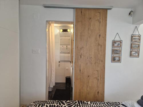 a bedroom with a door leading to a bathroom at Studio apartman Marica - Ogulin, Hrvatska in Ogulin