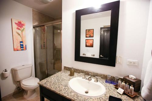 a bathroom with a sink and a toilet and a mirror at Las Terrazas Resort in San Pedro