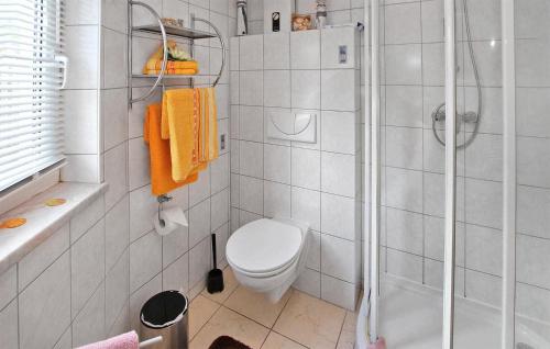 ein weißes Bad mit einer Dusche und einem WC in der Unterkunft Gorgeous Apartment In Waren mritz With Wifi in Warenshof