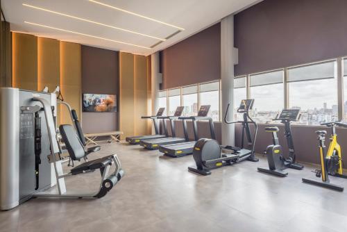 un gimnasio con filas de cintas de correr y máquinas elípticas en Viví y Disfrutá el Lujo en Torre Decó Recoleta Armani powered by Argenhost -902-, en Buenos Aires