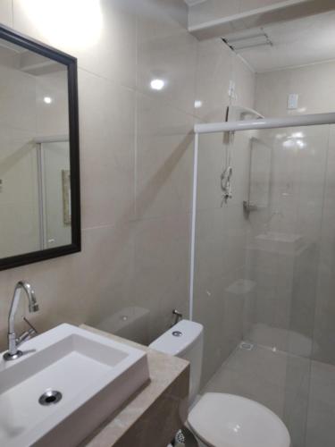 a bathroom with a sink and a toilet and a shower at Casa para Temporada in Resende