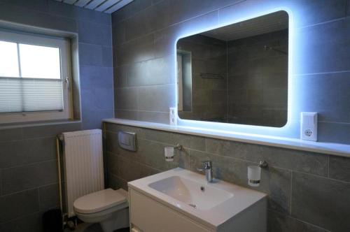 a bathroom with a sink and a mirror and a toilet at Huus am Meer in Norddeich