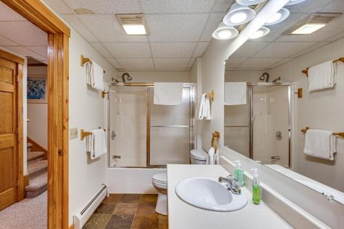 a bathroom with a shower toilet and a sink at Ski-In Resort Family Condo with Deck at Jay Peak! in Jay