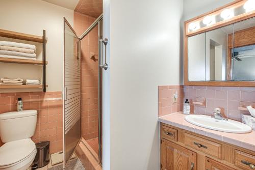 a bathroom with a toilet and a sink and a shower at Pet-Friendly Ohio Escape with Pool, Deck and Fire Pit! in Mount Vernon