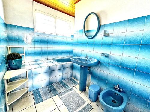 W wyłożonej niebieskimi kafelkami łazience znajduje się umywalka i toaleta. w obiekcie Maison de 3 chambres avec vue sur la mer terrasse amenagee et wifi a Saint Leu w mieście Saint-Leu
