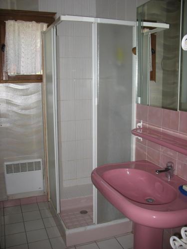 uma casa de banho com um lavatório rosa e um chuveiro em Saint-Raphaël Villa mitoyenne 10 min de la plage em Saint-Raphaël