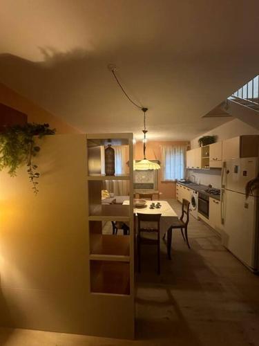 維琴察的住宿－Le Coccole，一间带桌子的厨房和一间餐厅