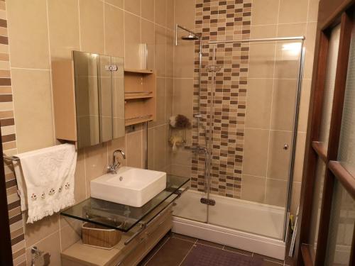 uma casa de banho com um lavatório e um chuveiro em Beşirli Luxury Apartments em Trabzon