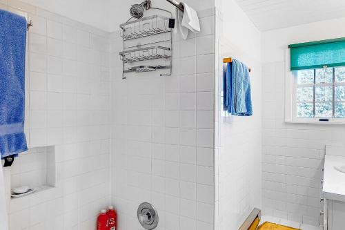 a white bathroom with a shower and a sink at Mountain Vista - Main House in Hesperus