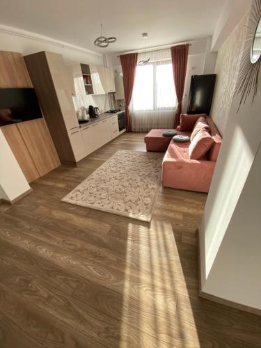 ein Wohnzimmer mit einem rosa Sofa und einer Küche in der Unterkunft Sofia Residence Apartments in Târgu Neamţ