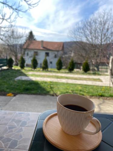 a cup of coffee sitting on top of a table at Smeštaj Vrhovac in Vrdnik
