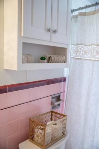 a bathroom with a shower with a basket on the toilet at 237 Center Place in Salt Lake City