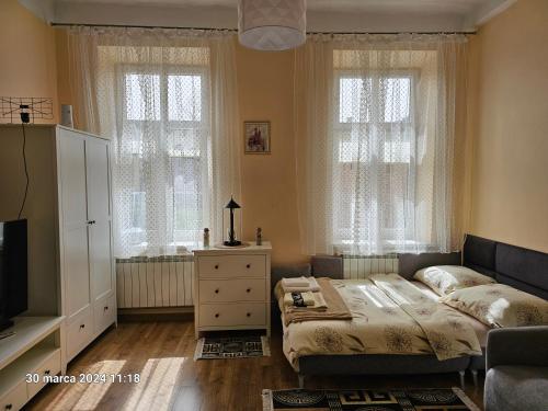 a bedroom with a bed and a dresser and windows at Apartament Old City in Przemyśl